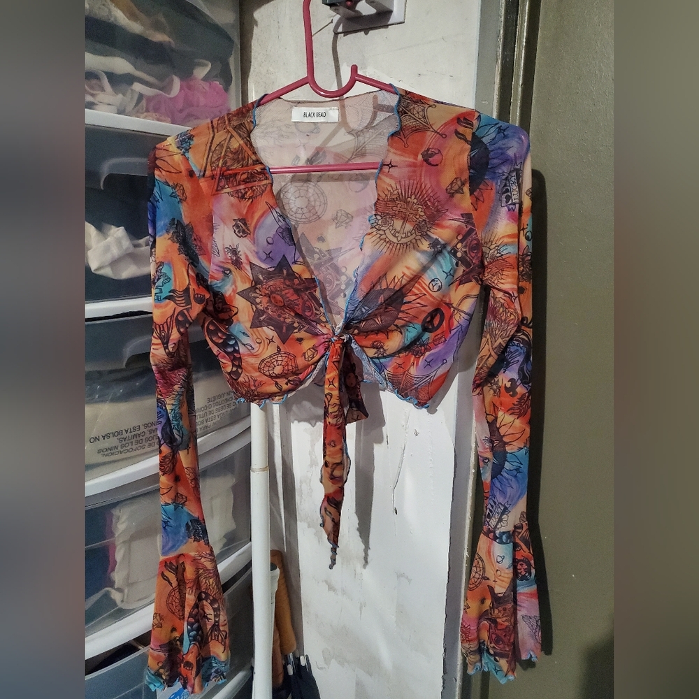 Black Bead Multicolor Tie-Front Blouse